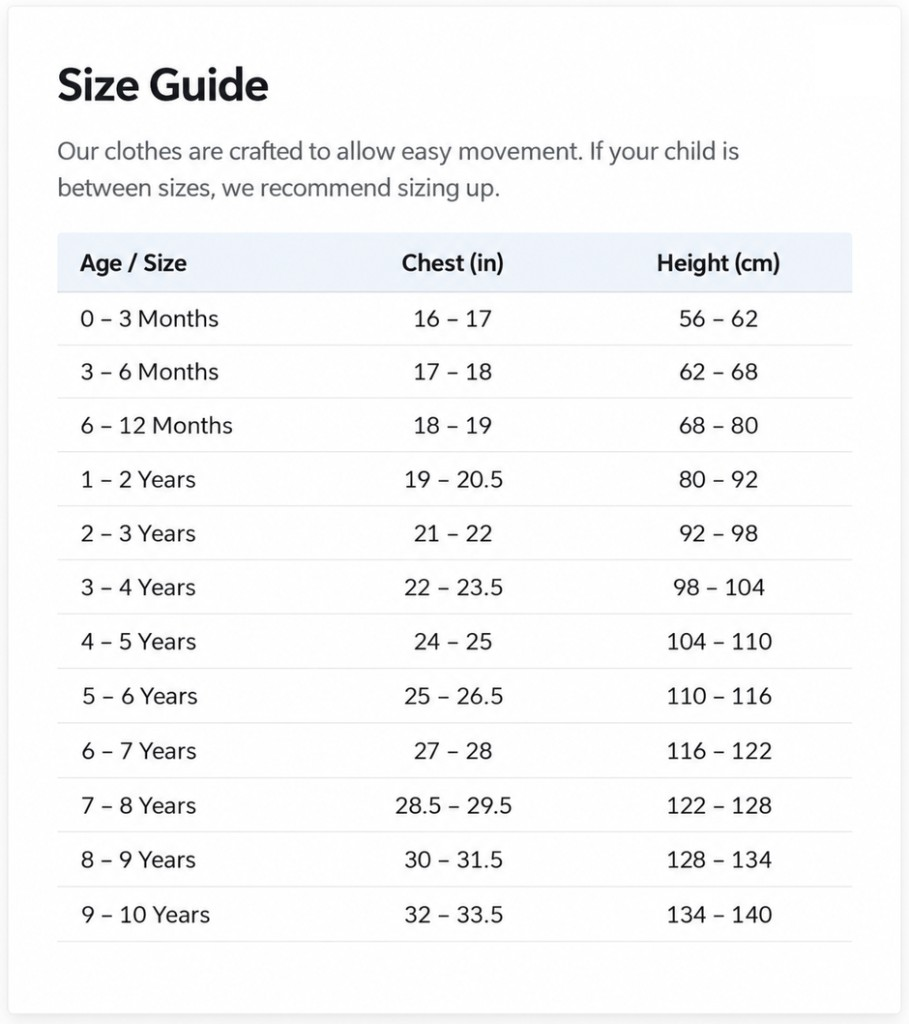 Size guide by age: 0–3 Months chest 16–17 in, height 56–62 cm; 3–6 Months 17–18 in, 62–68 cm; 6–12 Months 18–19 in, 68–80 cm; 1–2 Years 19–20.5 in, 80–92 cm; 2–3 Years 21–22 in, 92–98 cm; 3–4 Years 22–23.5 in, 98–104 cm; 4–5 Years 24–25 in, 104–110 cm; 5–6 Years 25–26.5 in, 110–116 cm; 6–7 Years 27–28 in, 116–122 cm; 7–8 Years 28.5–29.5 in, 122–128 cm; 8–9 Years 30–31.5 in, 128–134 cm; 9–10 Years 32–33.5 in, 134–140 cm